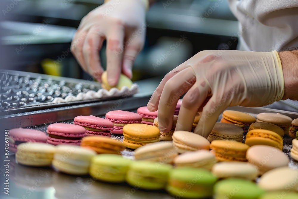 Professional Photography of patissier baking colorful macarons with precision and care, showcasing their skill in French pastry art, Generative AI