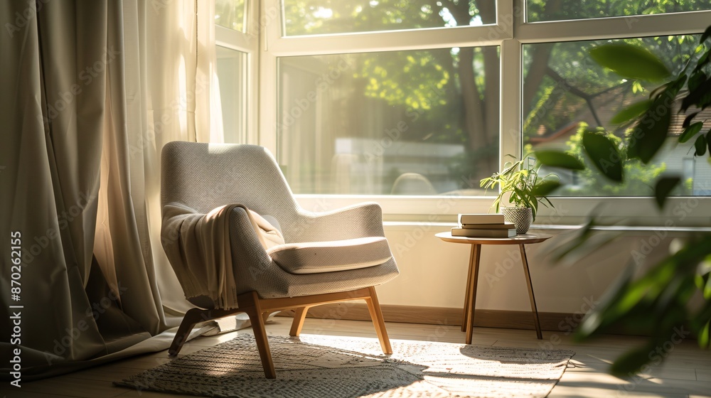 Fototapeta premium Cozy Armchair in Sunlit Corner with Greenery and Books