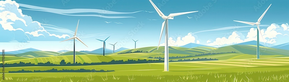 Fototapeta premium Wind turbine farm in a green landscape, digital tone, analogous color scheme, front view, emphasizing renewable energy