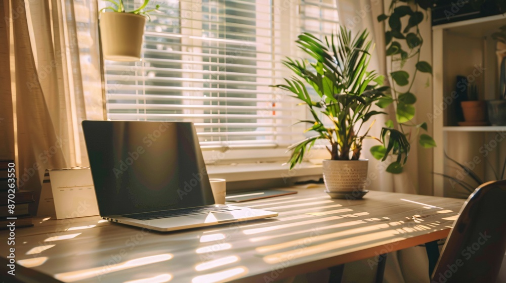 Fototapeta premium Home Office Workspace with Laptop and Plants