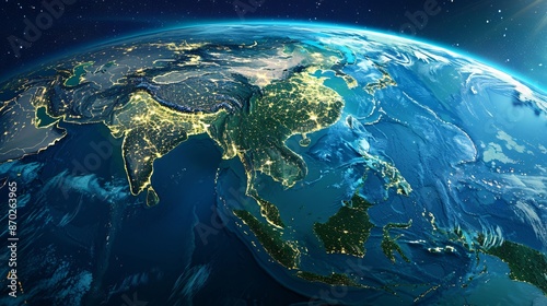 Night View of Earth from Space Showing Asia and Europe