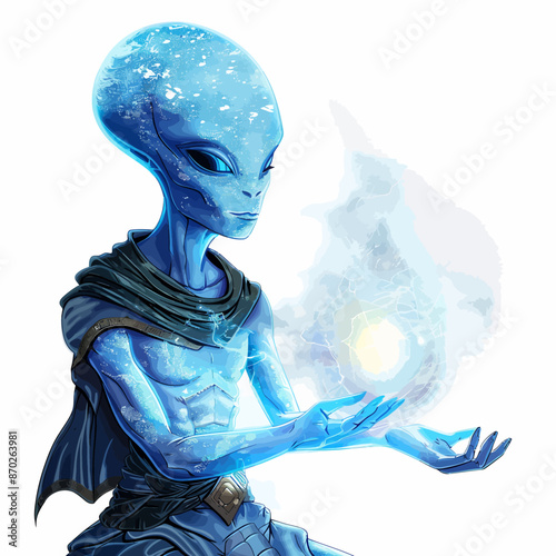 Blue alien and a sphere of energy