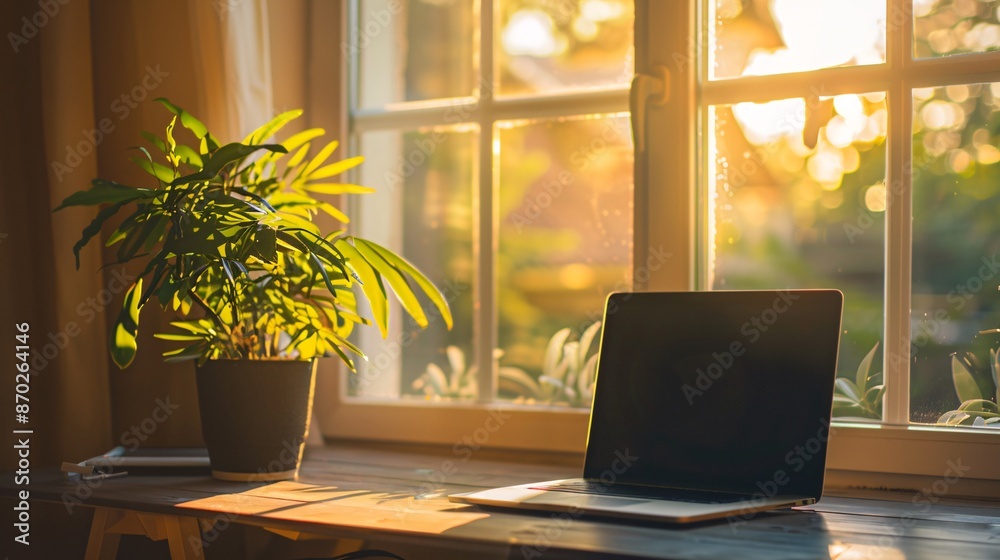 Plant and laptop on desk by a sunlit window Plant and laptop on desk by a sunlit window