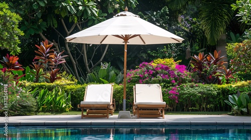Poolside loungers in tropical garden