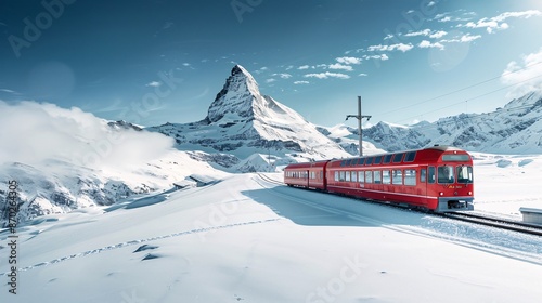 Red Train in Snowy Swiss Alps Landscape