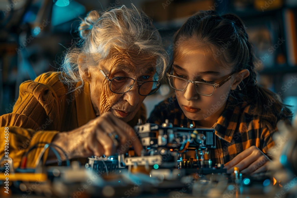 Elderly woman aiding granddaughter in STEM and coding, young girl constructing basic robot and presenting it to grandmother. Elderly woman aiding granddaughter in STEM and coding, young girl constructing basic robot and presenting it to grandmother.