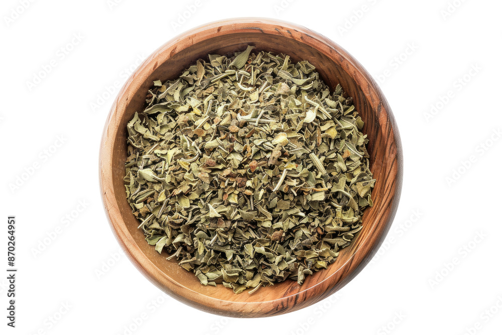 Dried oregano in wooden bowl isolated on transparent background Dried oregano in wooden bowl isolated on transparent background