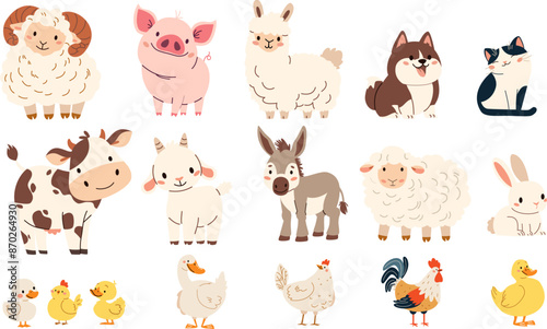 Set of flat vector illustration on white background. Domestic farm animals. Cow pig lamb sheep sheep horse dog dog cat goose goose duck hen rooster goat. Vector illustration