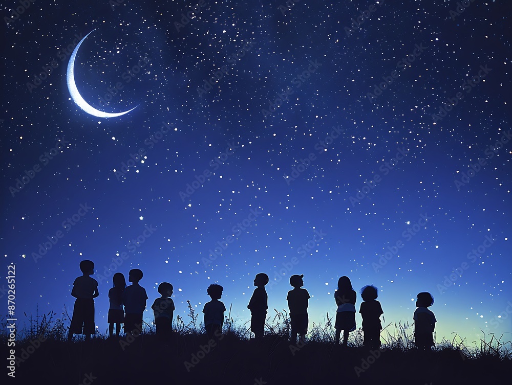 A diverse group of children gazing up at a crescent moon, silhouetted against a starry night sky.