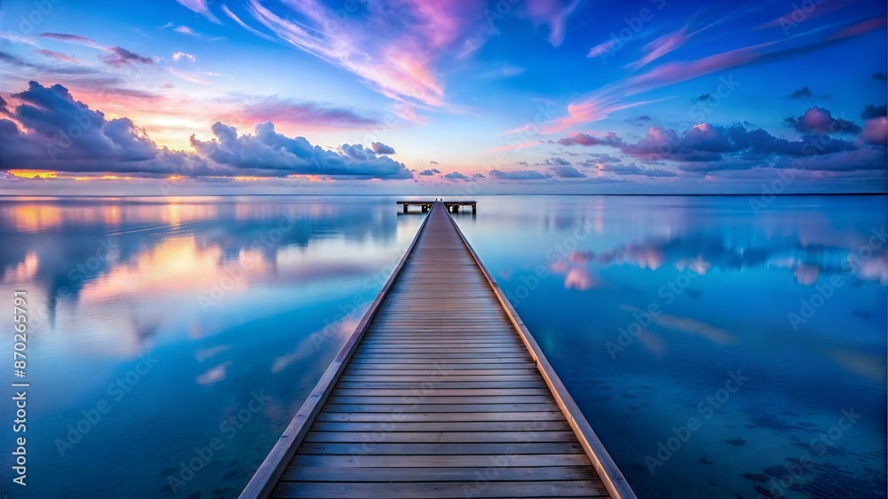 Obraz premium long wooden pier over blue sea, evening, serene atmosphere, calm water,