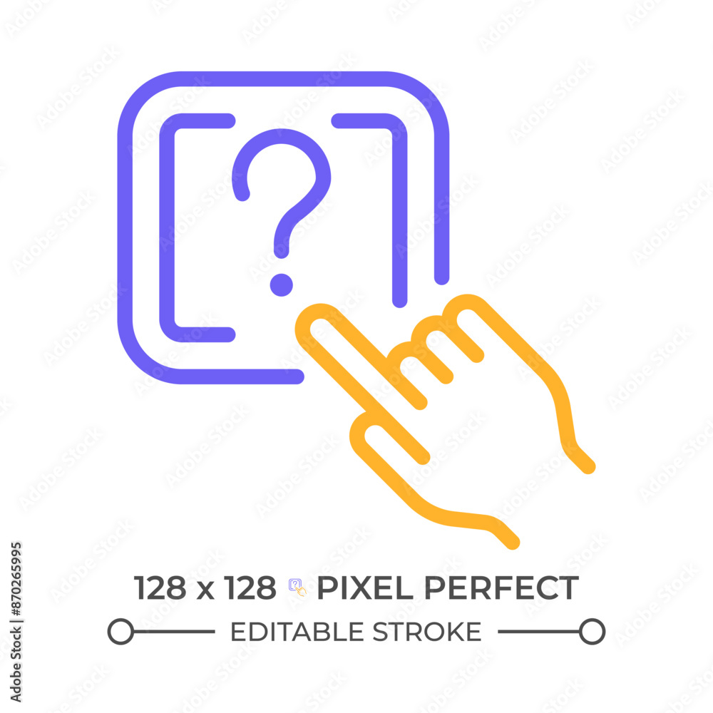 Question button two color line icon. Index finger on button bicolor outline symbol. Tech support and customer service. Duotone linear pictogram. Isolated illustration. Editable stroke