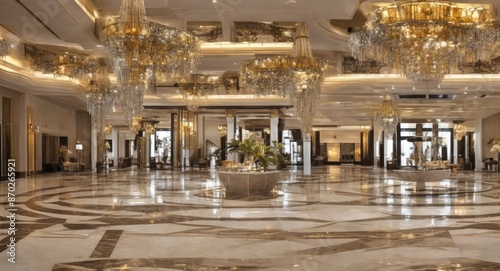 Hotel lobby interior with reception desk, marble floor and crystal lamp. photo