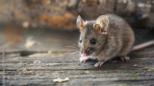 Gray small cute mouse on wooden background. 
