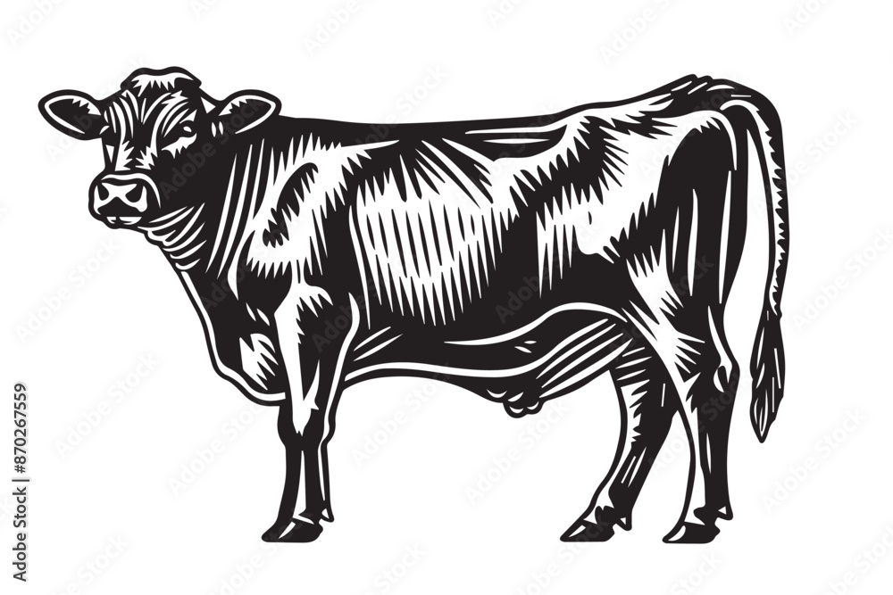 Fototapeta premium hand drawn Black and White Vector Illustration of Cow in Vintage Engraving Style