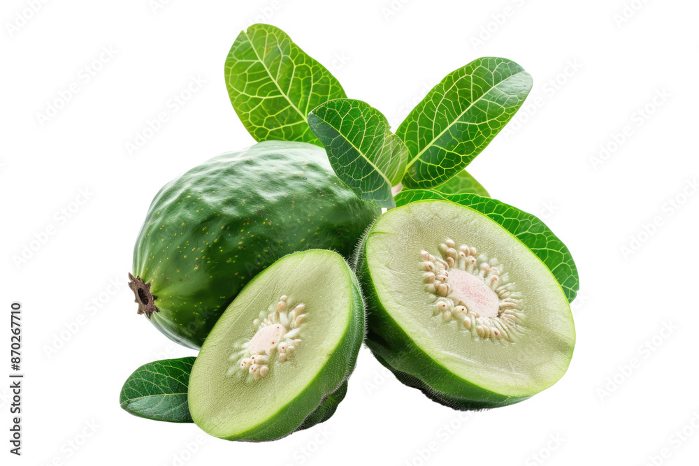Feijoa fruit with leaves isolated on transparent background Feijoa fruit with leaves isolated on transparent background