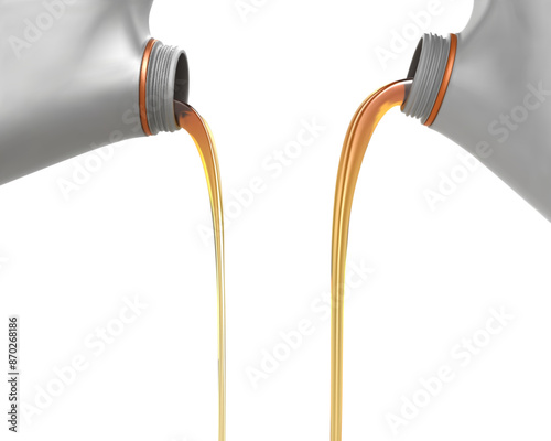 two bottles of engine oil being poured