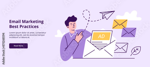 A man sends an email newsletter with advertising. Email marketing, internet marketing tools, and promotion. Trendy vector flat illustration isolated on a white background.