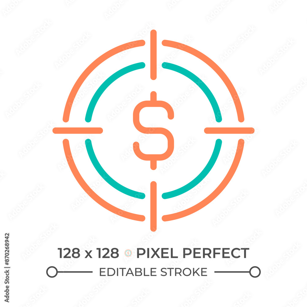 Obraz premium Financial goal two color line icon. Target and dollar sign bicolor outline symbol. Financial planning. Business economy. Duotone linear pictogram. Isolated illustration. Editable stroke