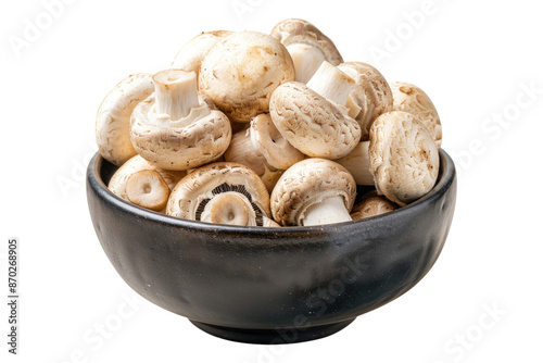 Fresh champignon mushrooms in bowl isolated on transparent background
