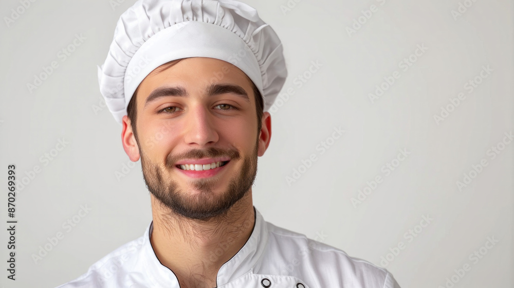 A smiling chef with a white hat and a white apron A smiling chef with a white hat and a white apron