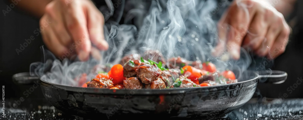 A person is cooking food in a pan with smoke coming out of it. The food appears to be meat and vegetables A person is cooking food in a pan with smoke coming out of it. The food appears to be meat and vegetables