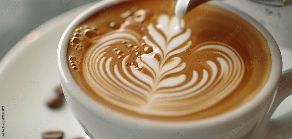 A cup of coffee with a heart design on it. The coffee is poured into the cup and has a swirl of foam on top A cup of coffee with a heart design on it. The coffee is poured into the cup and has a swirl of foam on top