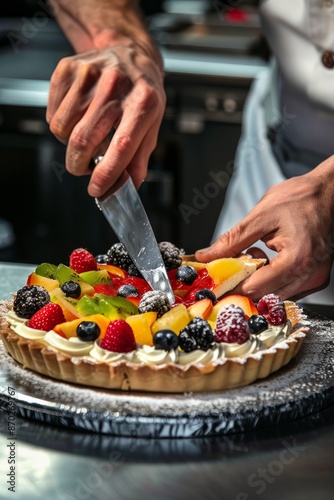 Professional Photography of patissier slicing a fruit tart, highlighting their skill in creating delicious desserts, Generative AI