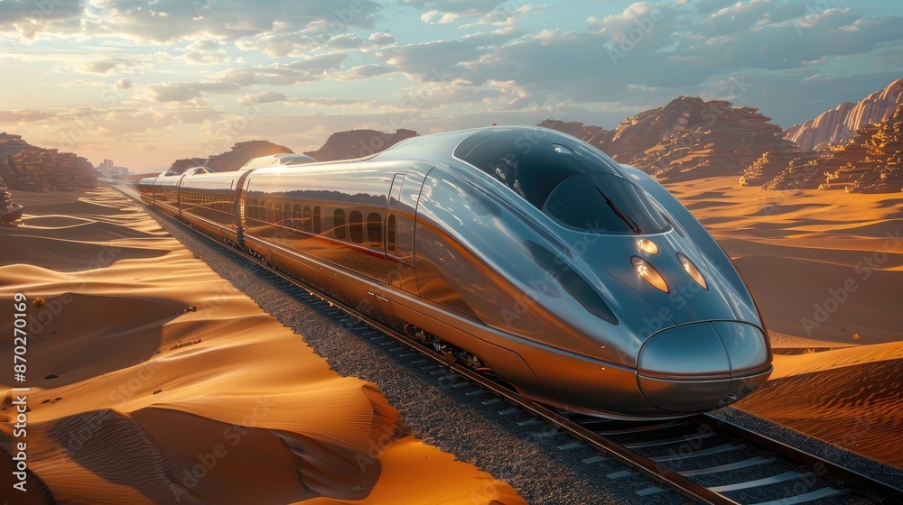 Obraz premium Futuristic Train Speeding Through a Desert Landscape