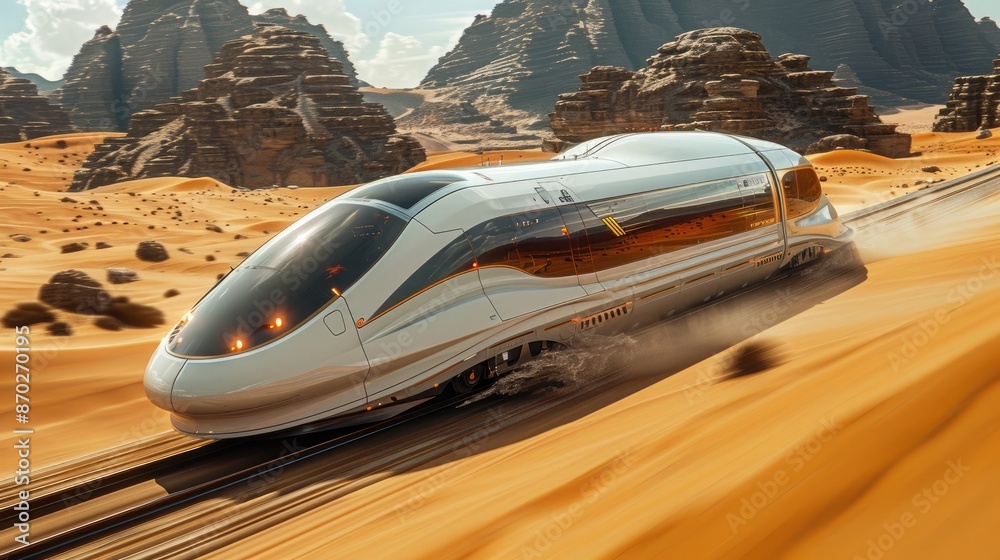 Futuristic Train Speeding Through a Desert Landscape Futuristic Train Speeding Through a Desert Landscape