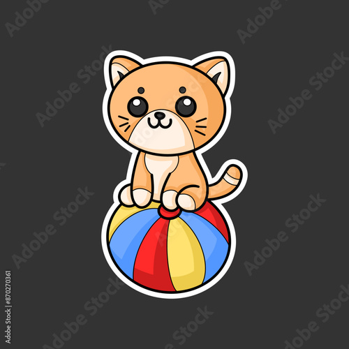 sticker of a cat on a circus ball, cartoon style, Chibi Style.