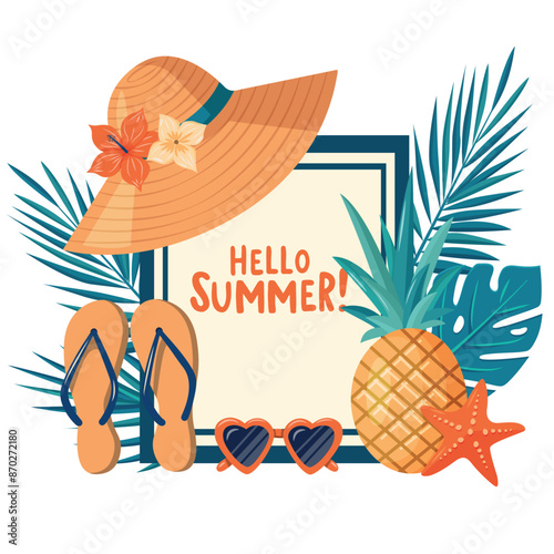 A colorful illustration featuring a summery scene with a straw hat, sunglasses, flip-flops, a pineapple, and tropical leaves. 