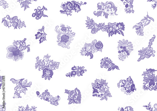Fantasy, alien flowers, decorative flowers and leaves. Cartoon style. Millefleurs trendy floral design. Seamless pattern, background. Vector illustration.