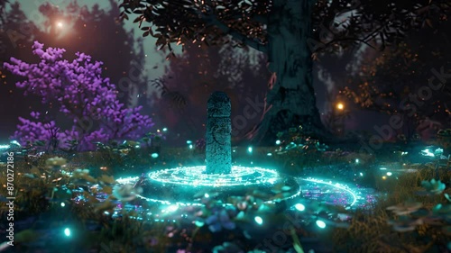 Ancient tree with stone rings engraved with glowing runes