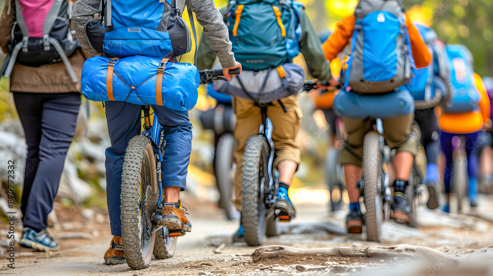Group of friends riding mountain bikes on forest trail Group of friends riding mountain bikes on forest trail