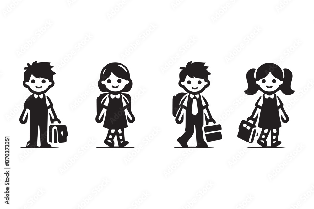 Black Silhouette Set of Adorable Cartoon Children in School Uniforms - Vector Illustration of Boys and Girls with School Bags Cute and Charming Students in Various Poses Black Silhouette Set of Adorable Cartoon Children in School Uniforms - Vector Illustration of Boys and Girls with School Bags Cute and Charming Students in Various Poses