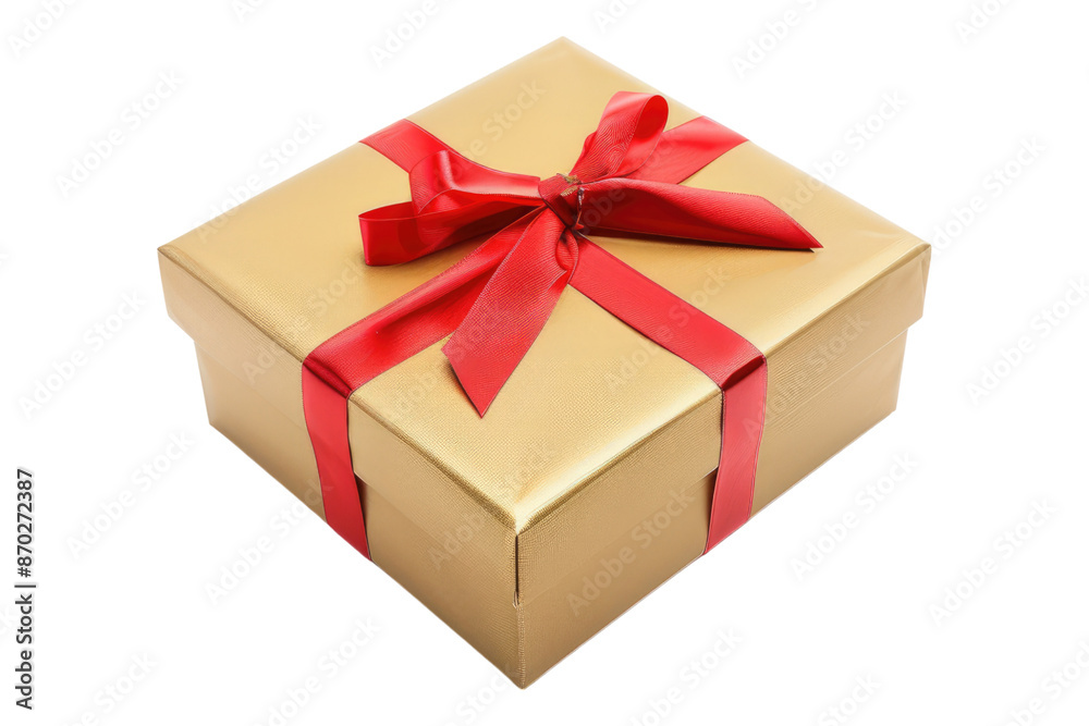 Obraz premium Golden gift box with red ribbon isolated on transparent background