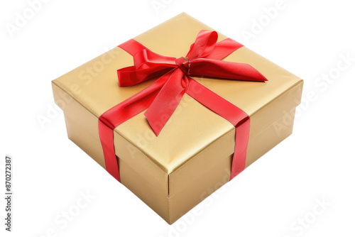 Golden gift box with red ribbon isolated on transparent background © Usama