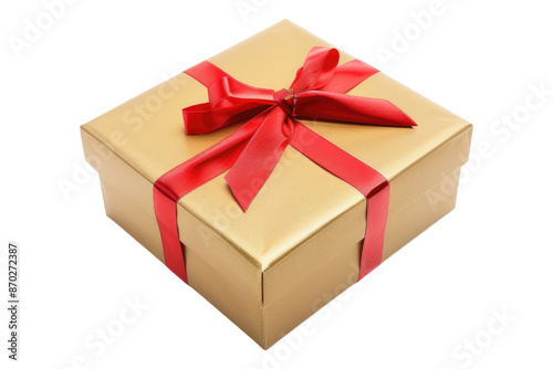 Golden gift box with red ribbon isolated on transparent background