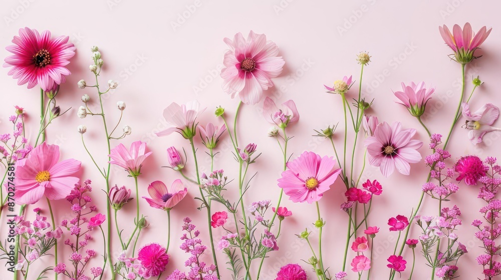 Neat Row of Vibrant Pink Flowers with Green Stems and Leaves Against a Soft Pink Background Neat Row of Vibrant Pink Flowers with Green Stems and Leaves Against a Soft Pink Background