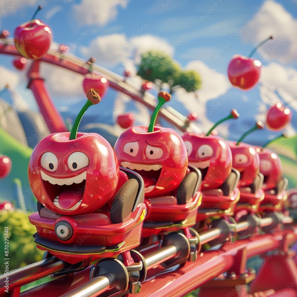 3D mascot character design of a bunch of cherries riding a