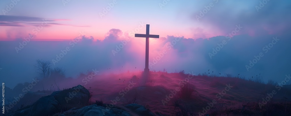 Obraz premium The Mysterious Cross on Golgotha Hill at Dawn Shrouded in Ethereal Fog and Symbolizing the Enigma of Faith