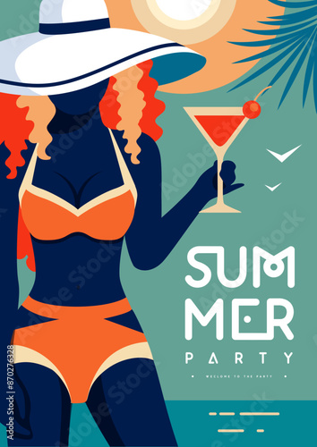 Retro flat summer disco party poster with girl in swimsuit and cosmopolitan cocktaill on beach background. Vector illustration