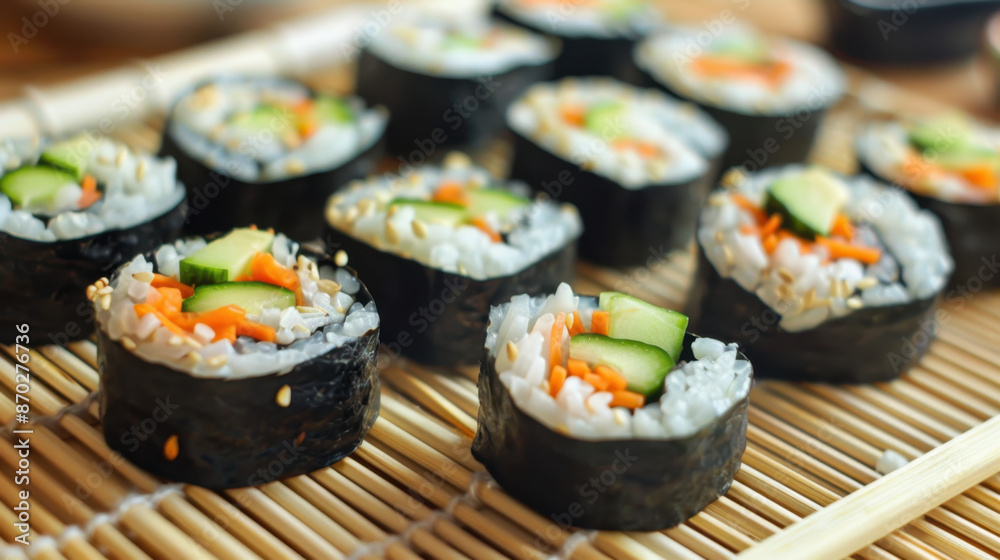 Close-up of fresh vegetable sushi rolls on bamboo mat Close-up of fresh vegetable sushi rolls on bamboo mat