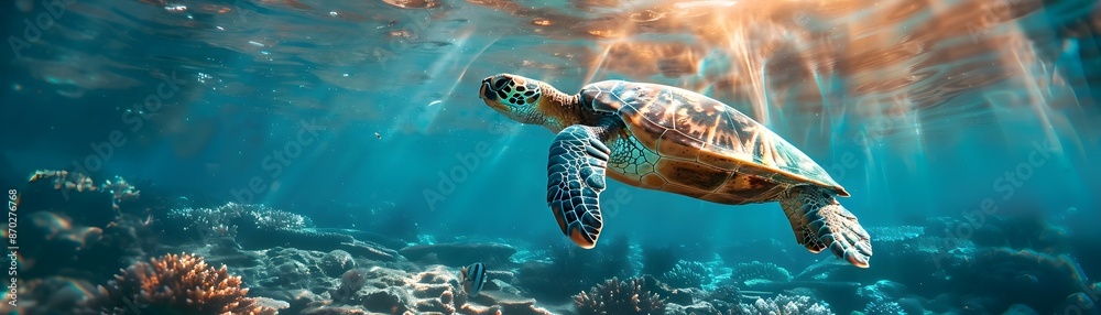 Fototapeta premium Serene Sea Turtle Gliding Through Sunlit Blue Ocean Waters