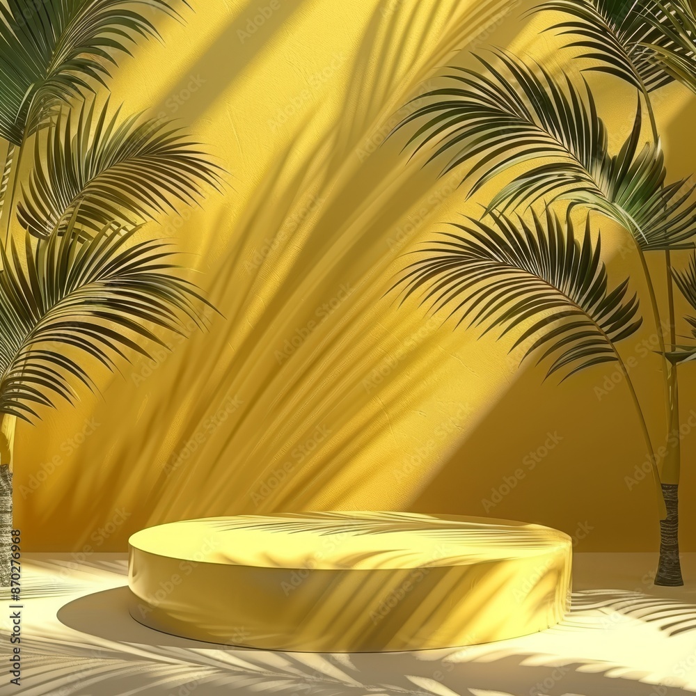 Empty yellow podium with palm tree shadows for product placement. Summer product advertisement backdrop with copy space. Concept of summer, tropics, vacation and cosmetics. Empty yellow podium with palm tree shadows for product placement. Summer product advertisement backdrop with copy space. Concept of summer, tropics, vacation and cosmetics.