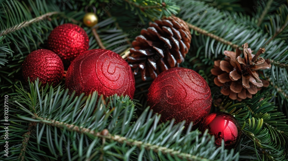 Festive Postcard Background with Fir Branches and Christmas Tree Toys Festive Postcard Background with Fir Branches and Christmas Tree Toys