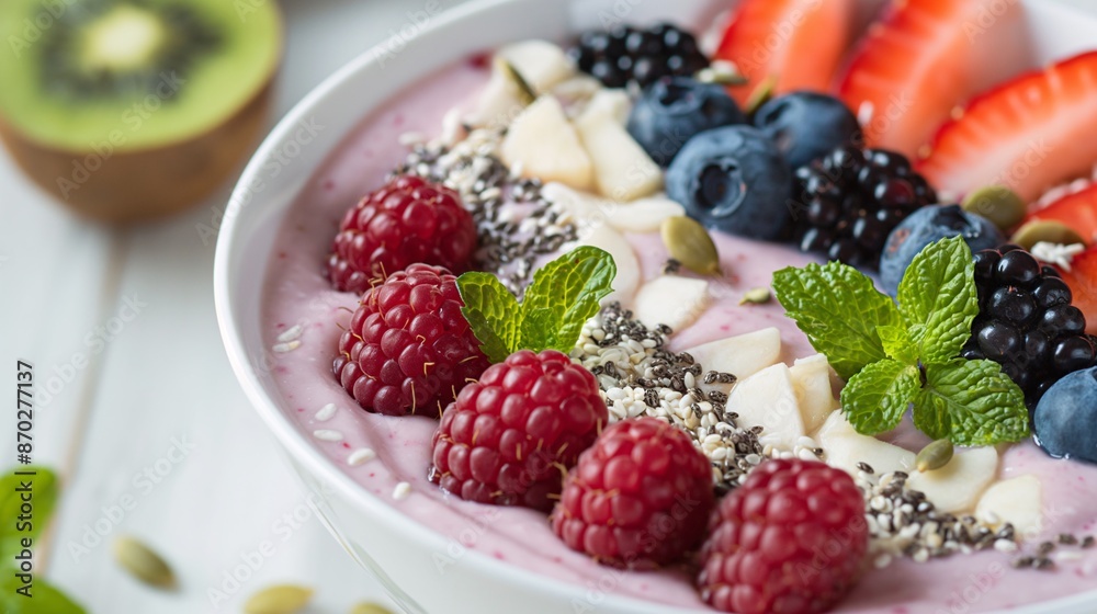 A colorful smoothie bowl with fresh berries, banana, chia seeds, and mint leaves, perfect for a healthy breakfast or snack. A colorful smoothie bowl with fresh berries, banana, chia seeds, and mint leaves, perfect for a healthy breakfast or snack.