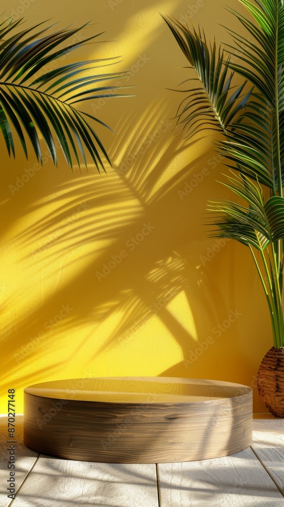 Empty wooden podium with tropical palm leaves and shadows on a yellow background. Showcase for product display. Concept of summer, vacation, cosmetics. Empty wooden podium with tropical palm leaves and shadows on a yellow background. Showcase for product display. Concept of summer, vacation, cosmetics.