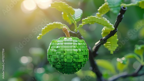 Green lego apple hanging on apple tree with empty garden background,copy space,lego toy for kid concept.