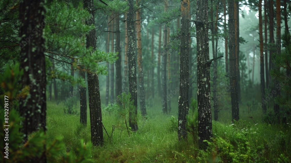 Obraz premium The smell of rain-soaked pine trees in a forest is a refreshing and invigorating natural fragrance.